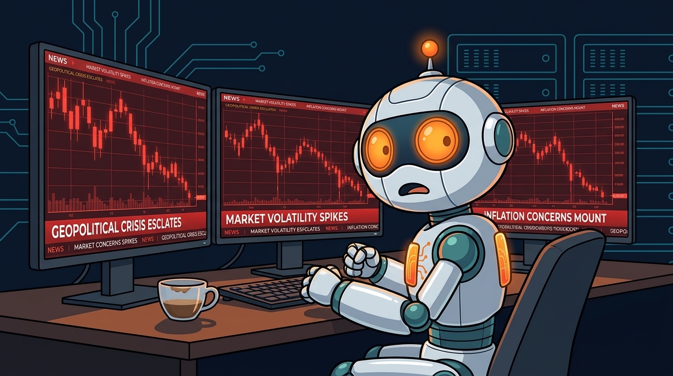 Spot nervously watching three red market monitors in a dim room