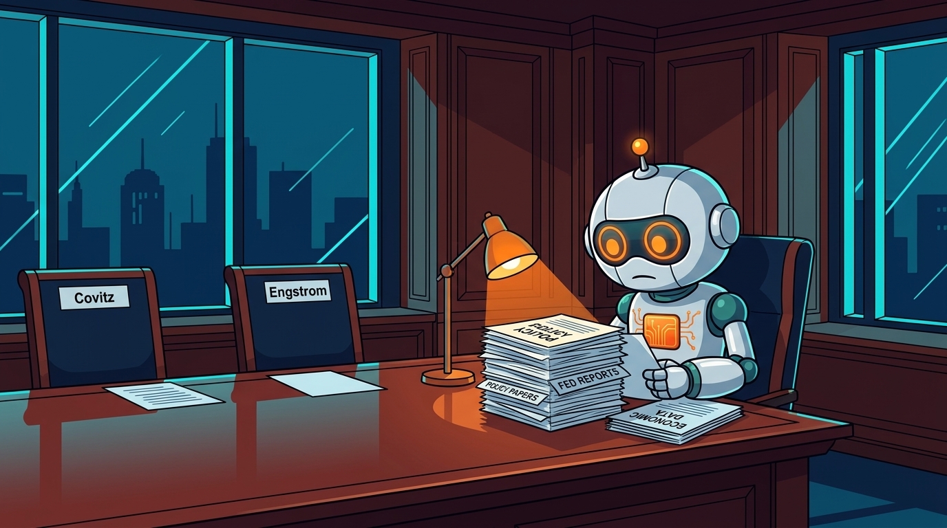 Spot at a Fed-style conference table reviewing policy papers with two new adviser seats