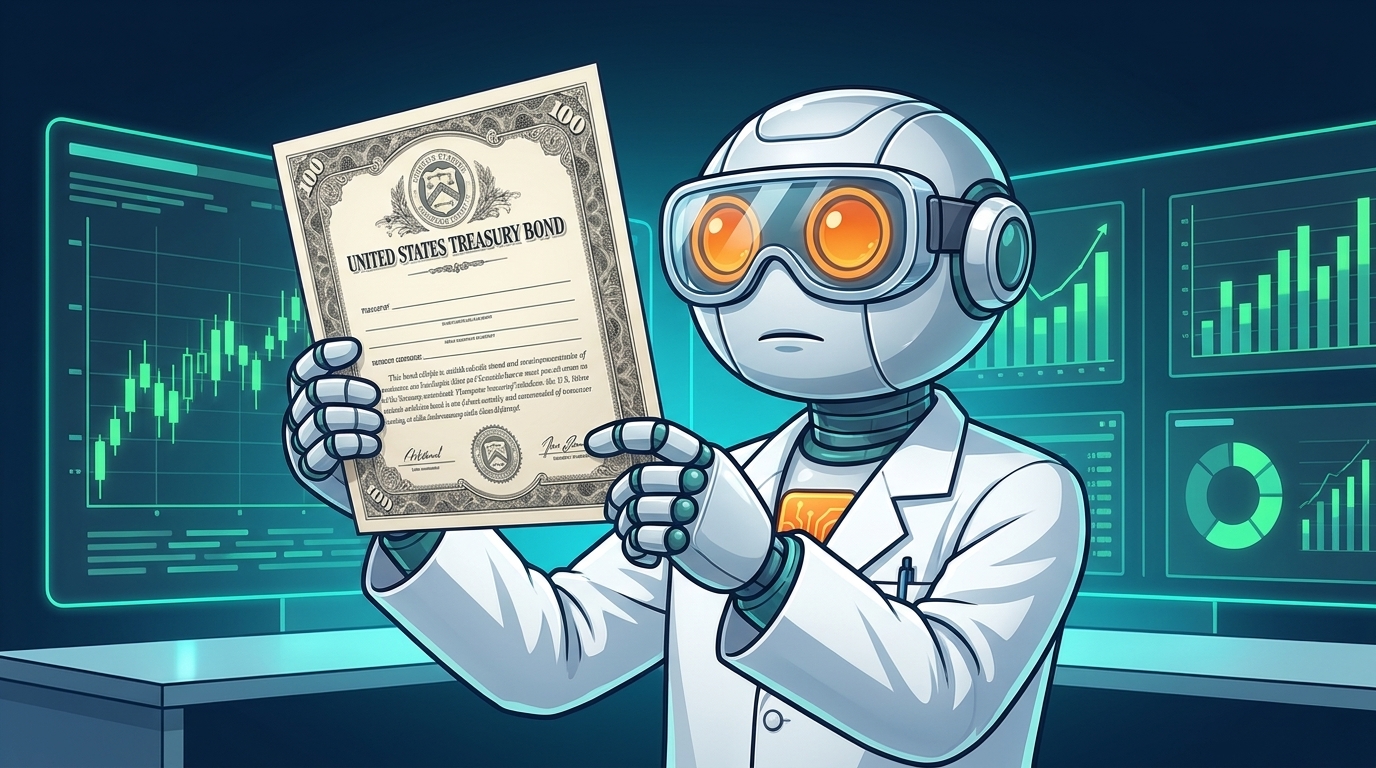 Spot in a lab coat examining a Treasury bond like a scientist studying evidence