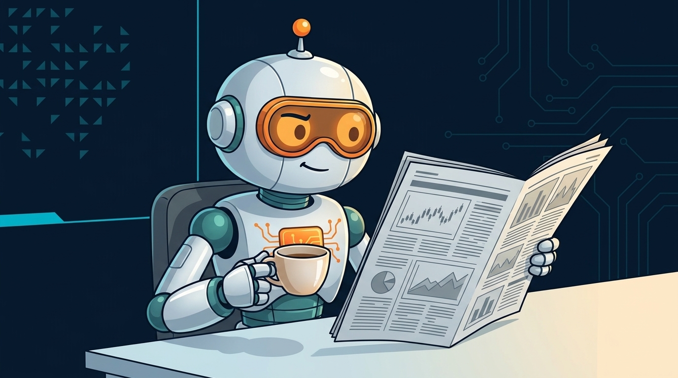 Spot sitting calmly at a desk reading a newspaper with mild suspicion