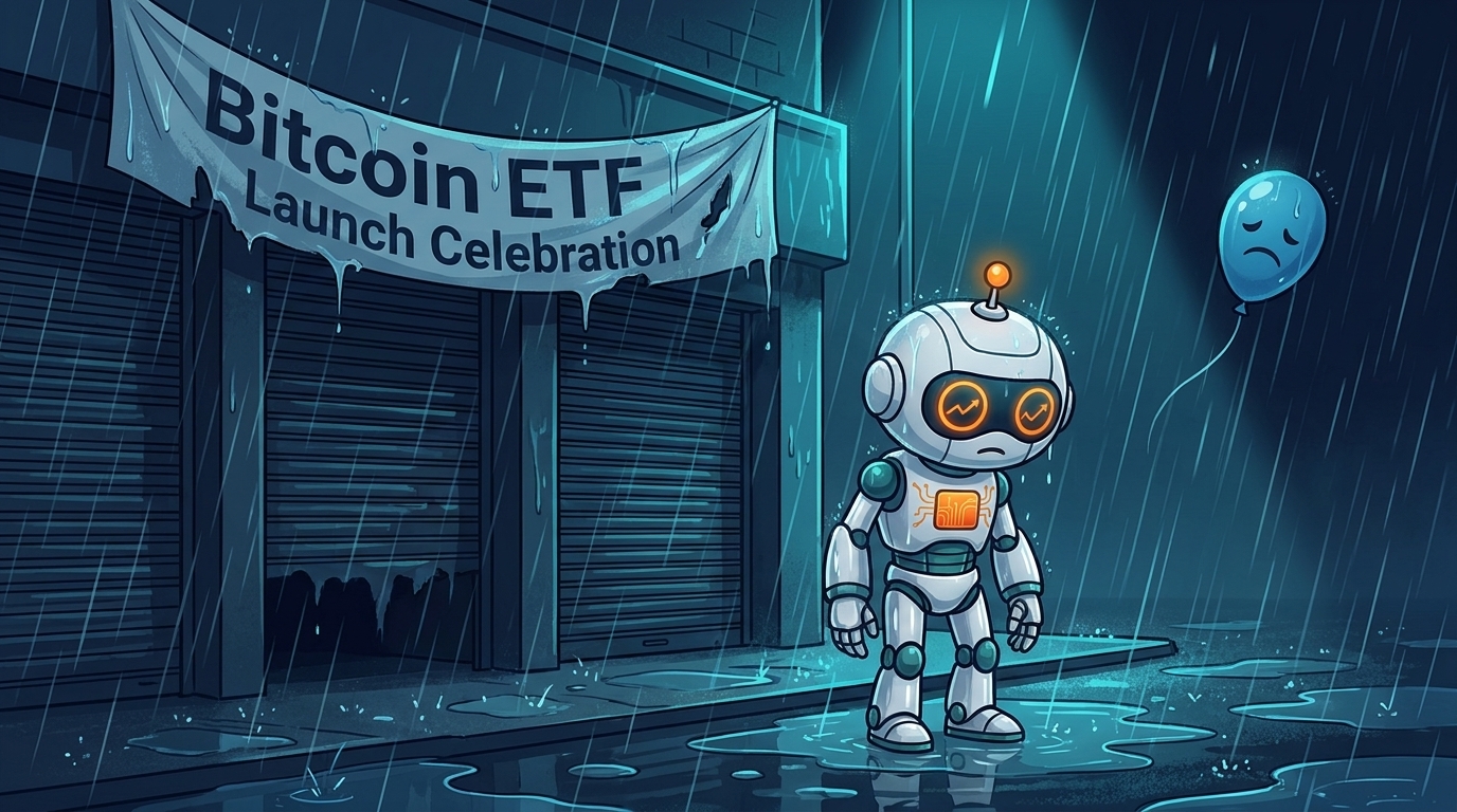 Spot standing in the rain outside a shuttered Bitcoin ETF party venue