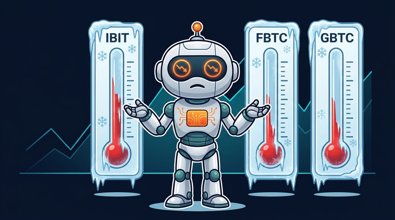 Spot standing in front of three Bitcoin ETF thermometers all showing declining levels