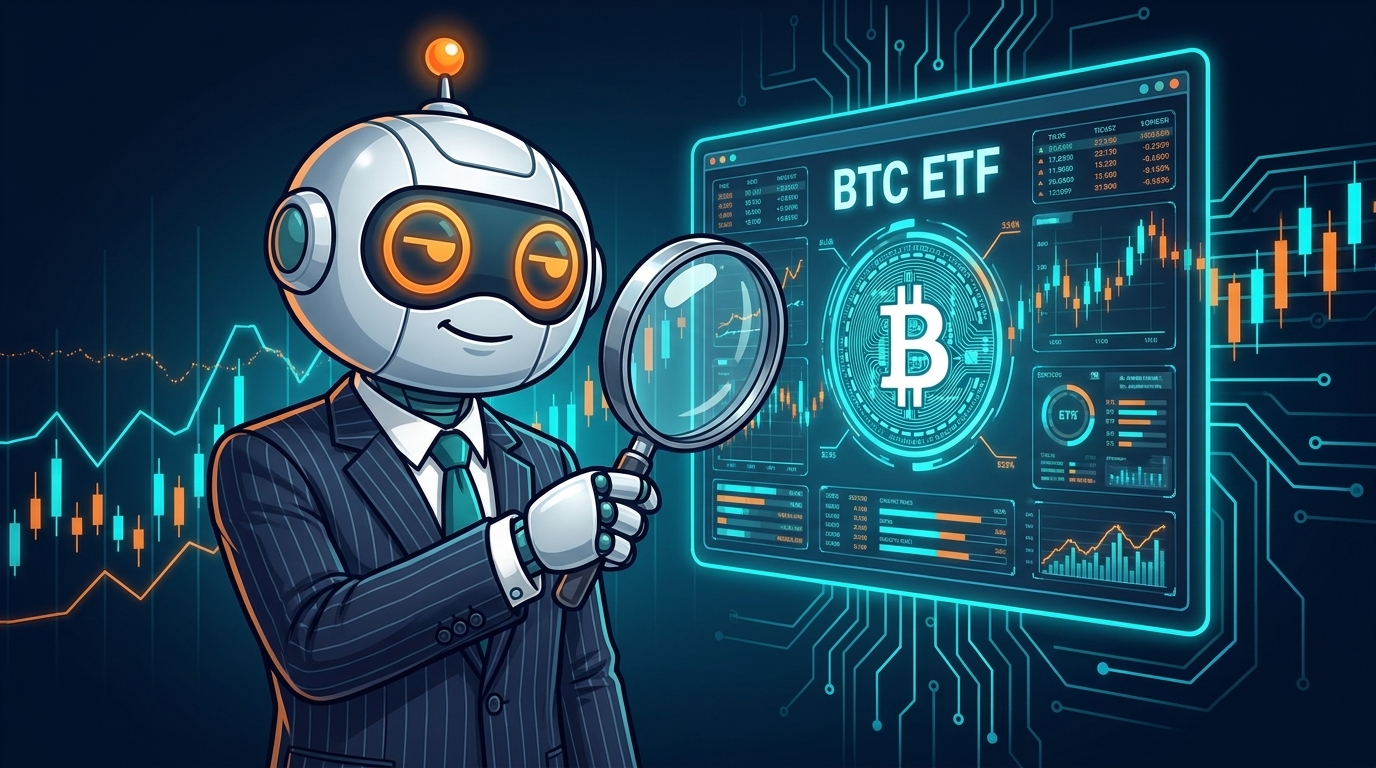 Spot in a pinstriped suit studying a Bitcoin ETF chart with a magnifying glass