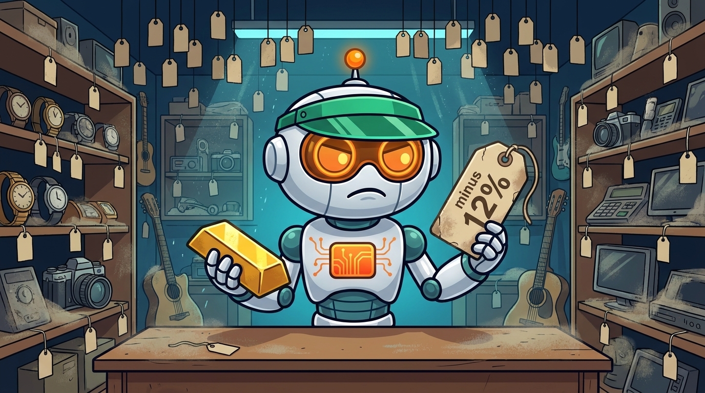 Spot as a pawnshop dealer frowning at a gold bar losing 12% of its value