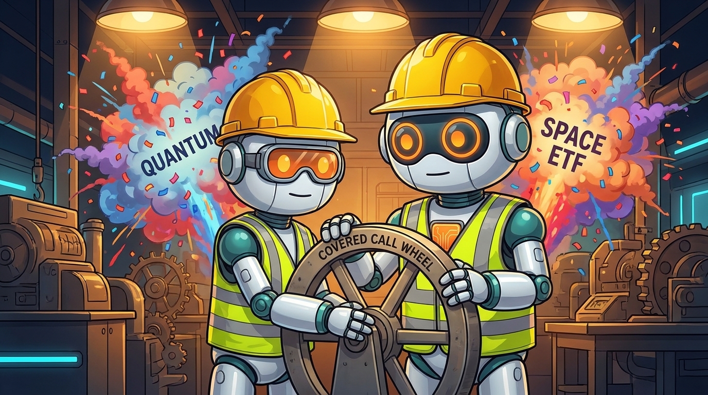 Spot in a hard hat calmly turning a covered call wheel while thematic ETF chaos erupts behind him