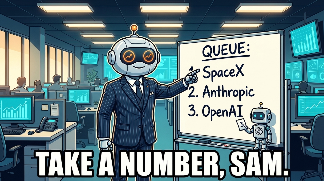 Spot at a whiteboard showing the IPO queue with OpenAI last in line
