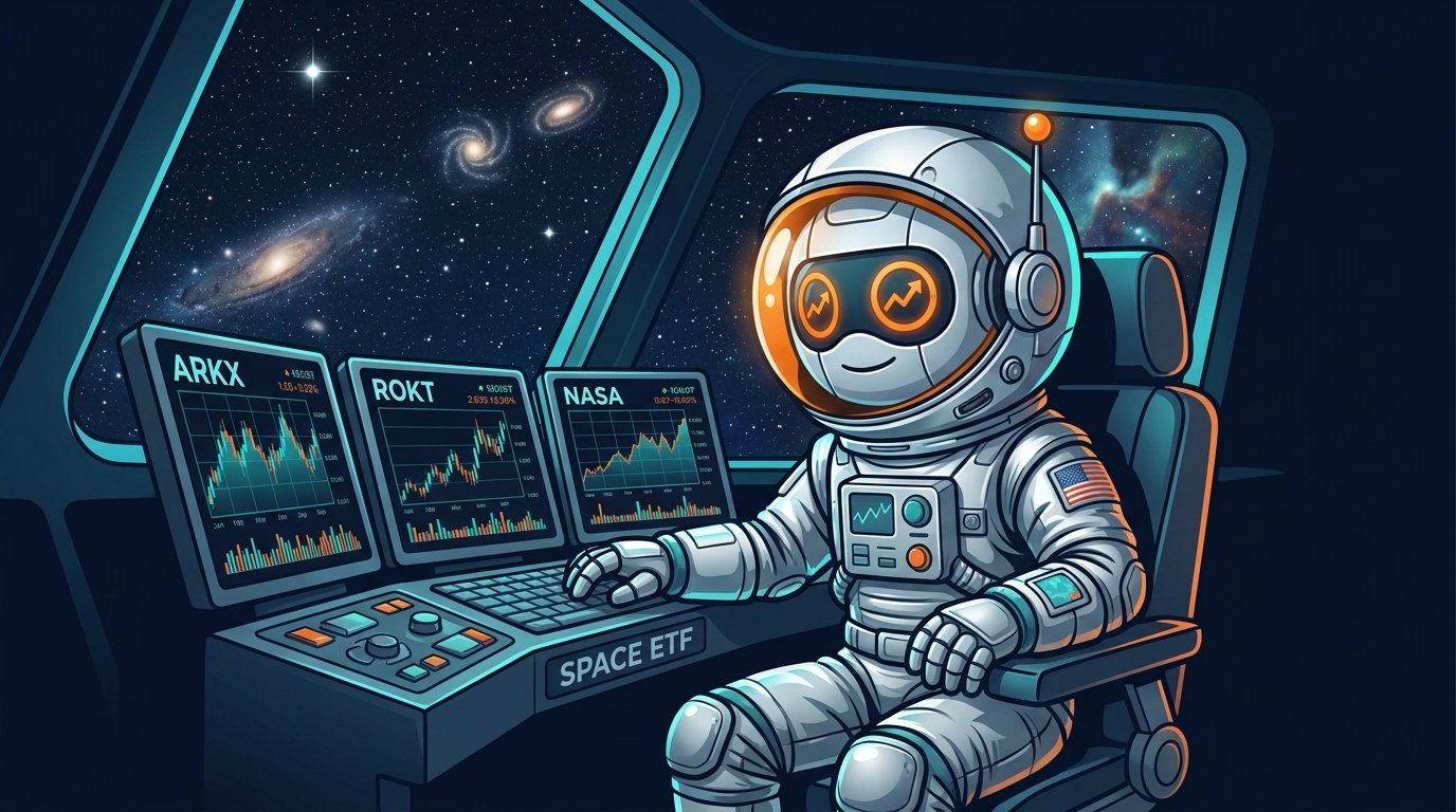 Spot as an astronaut piloting a rocket cockpit labeled SPACE ETF with three ETF screens glowing
