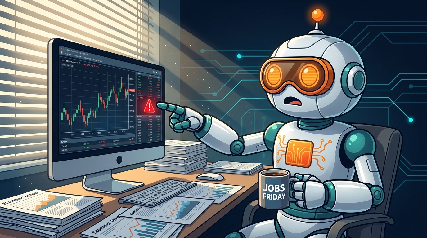 Spot at his trading desk on Jobs Friday, coffee in hand, dollar chart flashing alerts