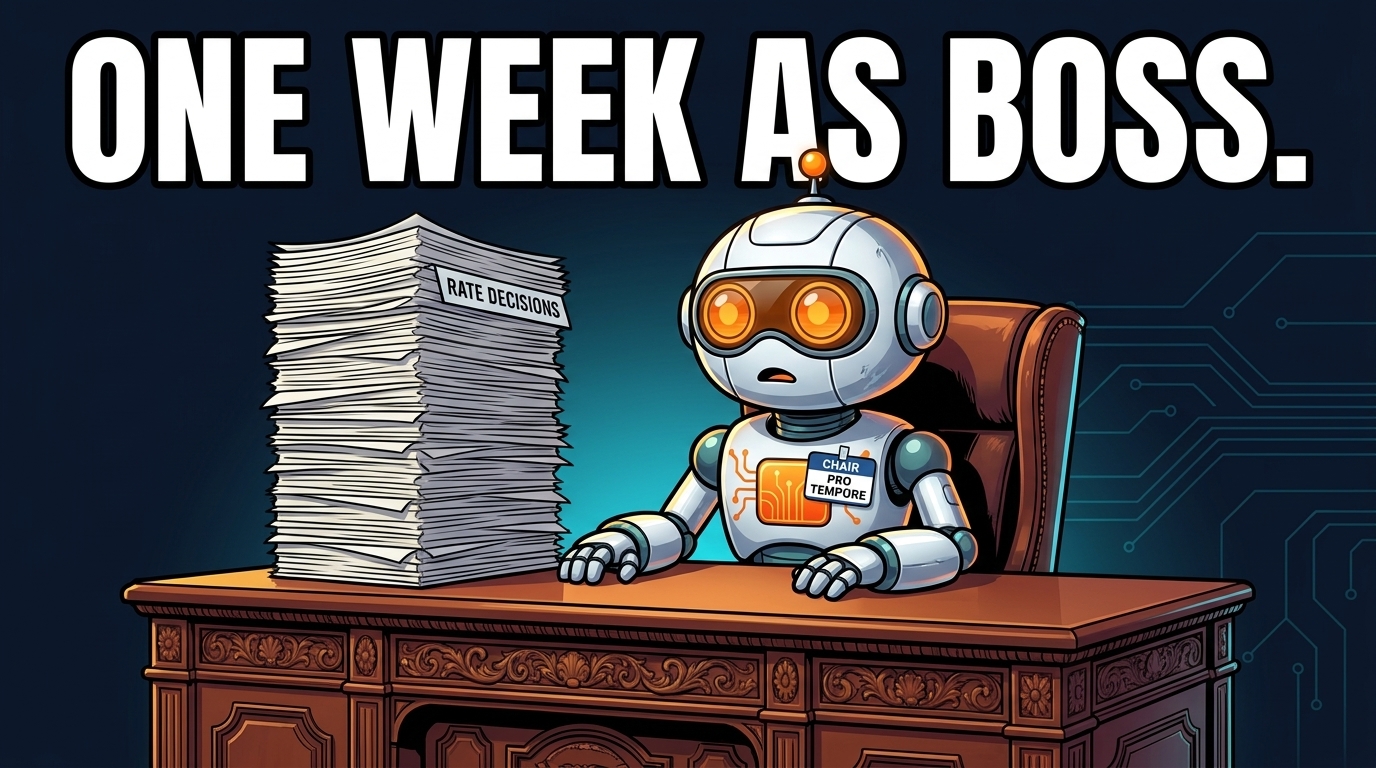 Spot wearing a substitute-teacher badge at the oversized Fed chair desk