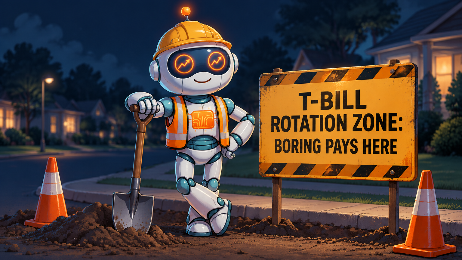 Spot in a hard hat and construction vest standing next to a T-Bill Rotation Zone sign