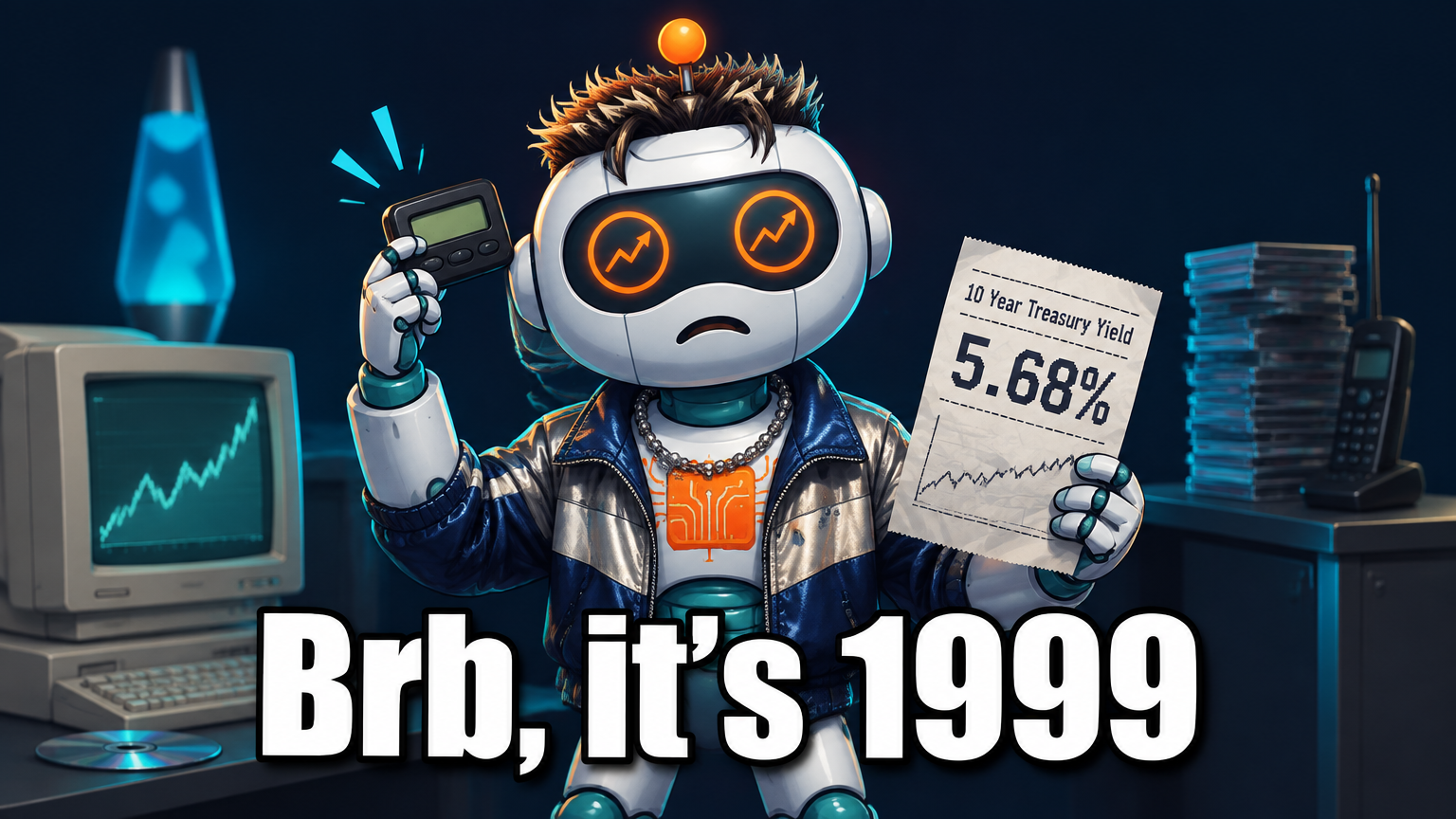 Spot in 90s boy-band outfit holding a pager and a 5.68% yield printout