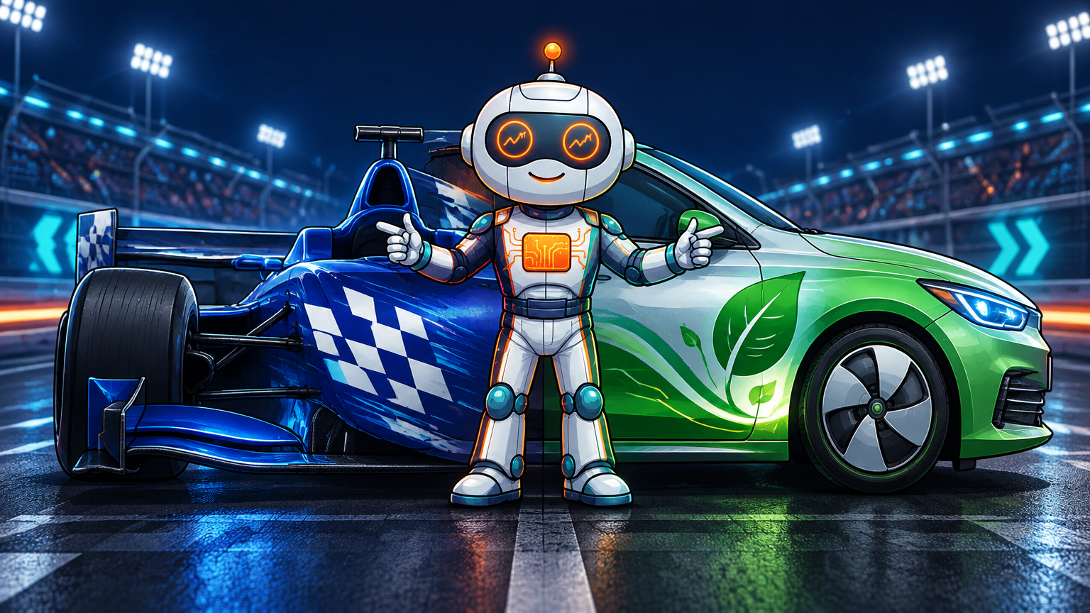 Spot in a racing suit next to a half-QQQ, half-defensive-ETF hybrid race car
