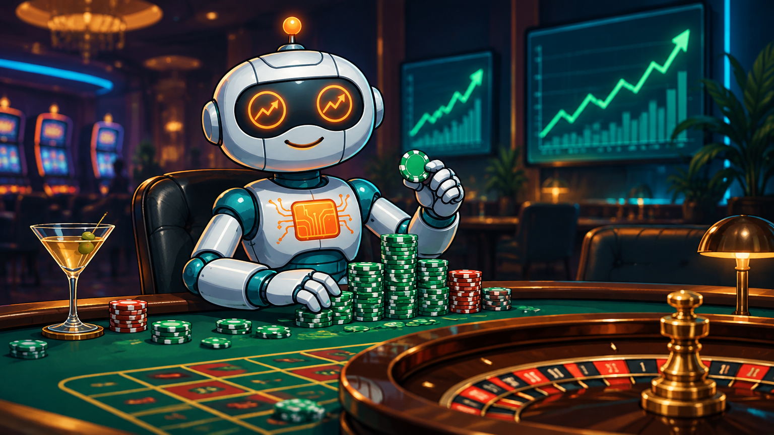 Spot at a roulette table calmly stacking green chips with a satisfied smirk