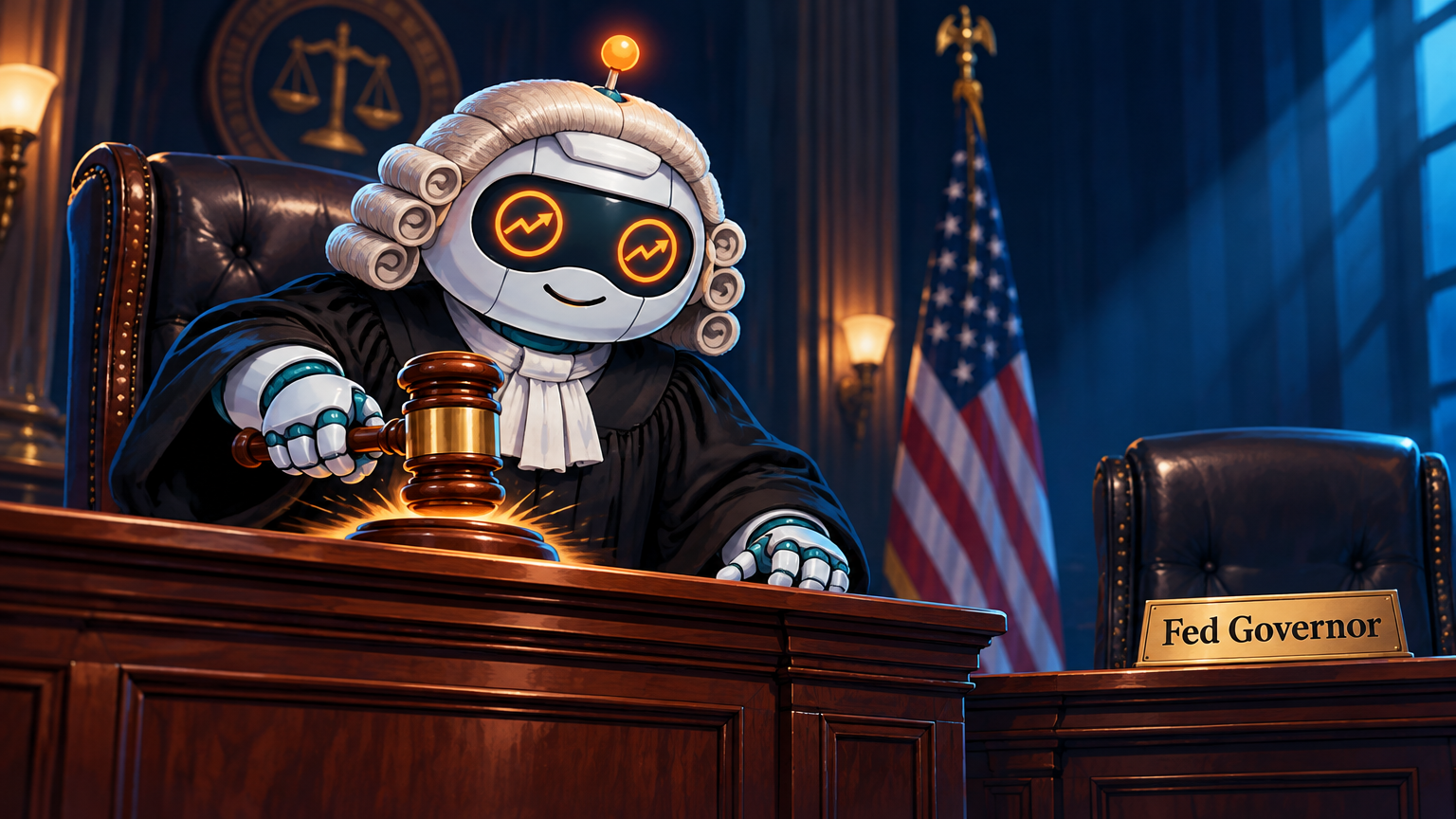 Spot in a judge's robe banging a gavel at a Fed Governor nameplate