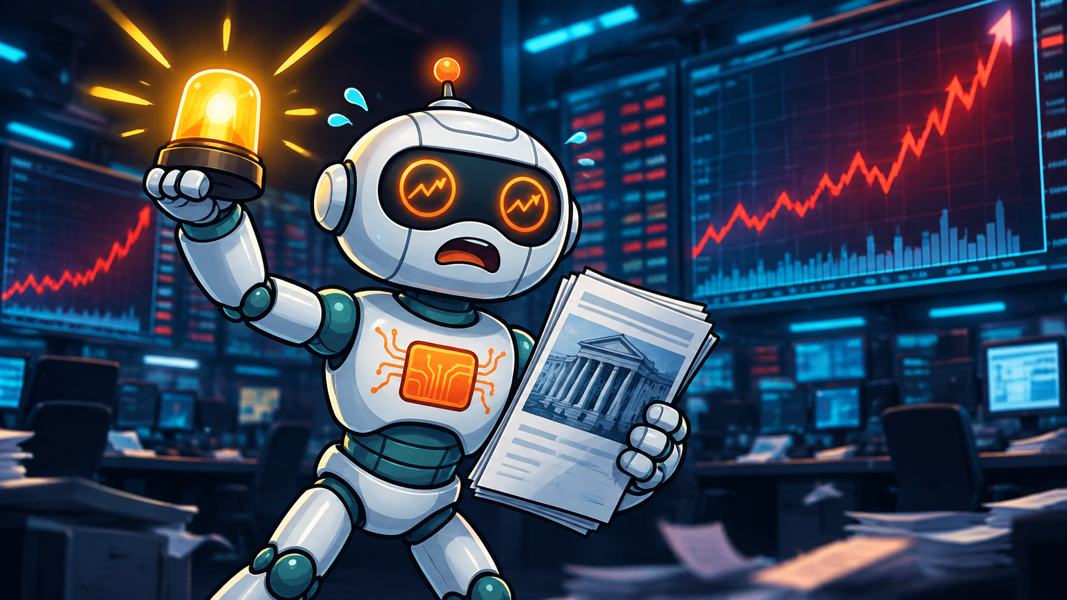 Spot dressed as a bond trader holding a yellow warning light and HYG prospectus