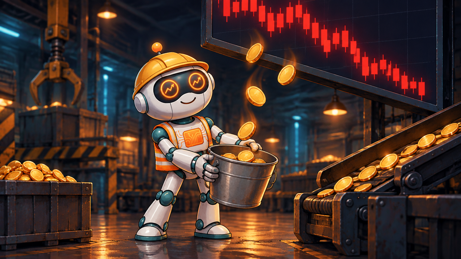 Spot in a hard hat calmly collecting income from a falling stock chart like it is just another Tuesday