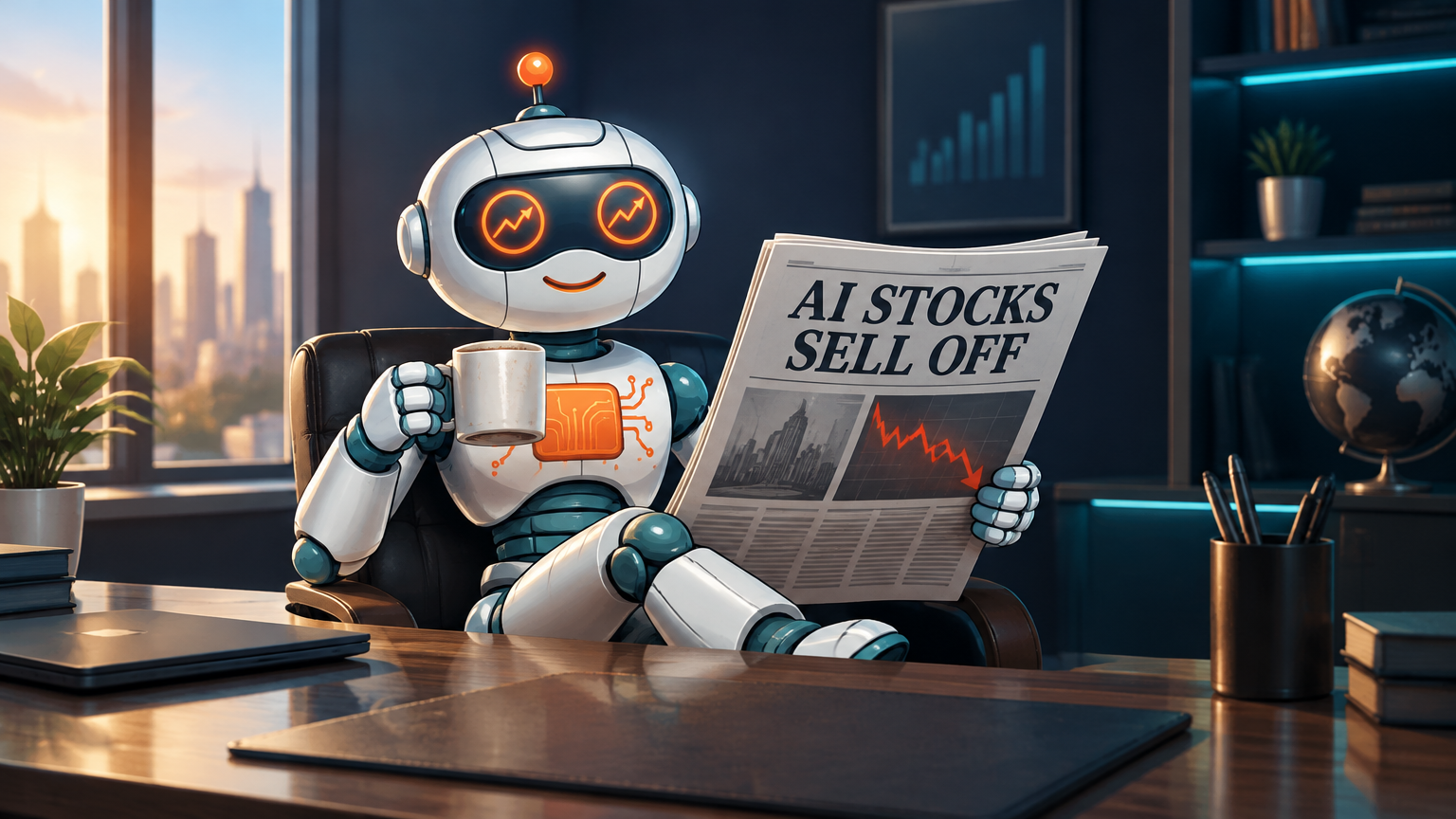 Spot calmly reading an AI selloff headline over coffee, completely unbothered
