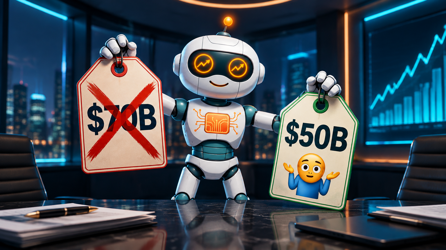 Spot in a boardroom holding two wildly different revenue price tags, looking embarrassed on OpenAI's behalf