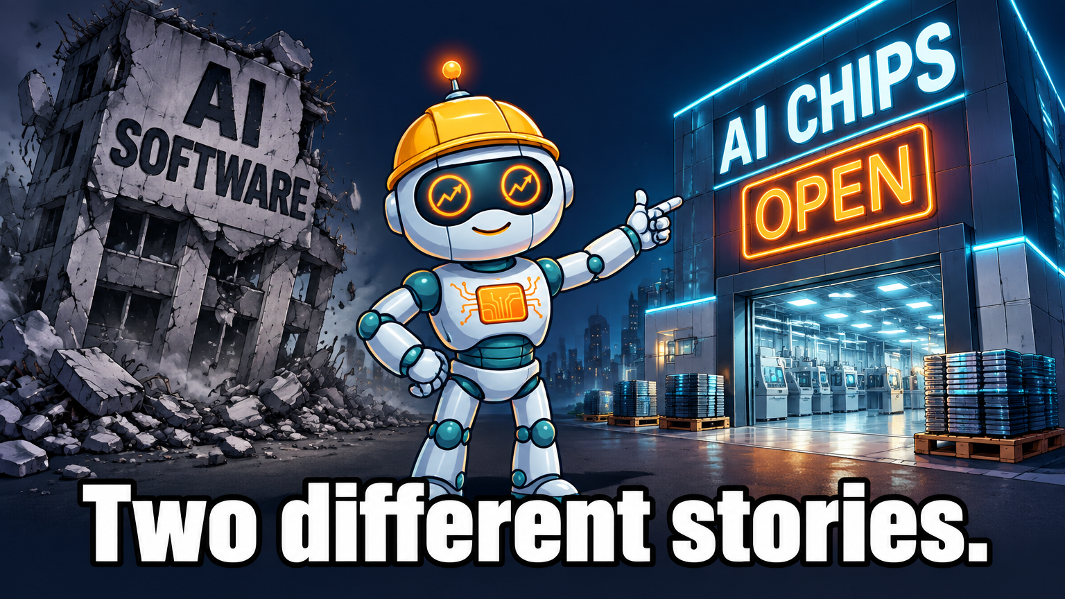 Spot pointing at the AI chip building while the AI software building crumbles behind him