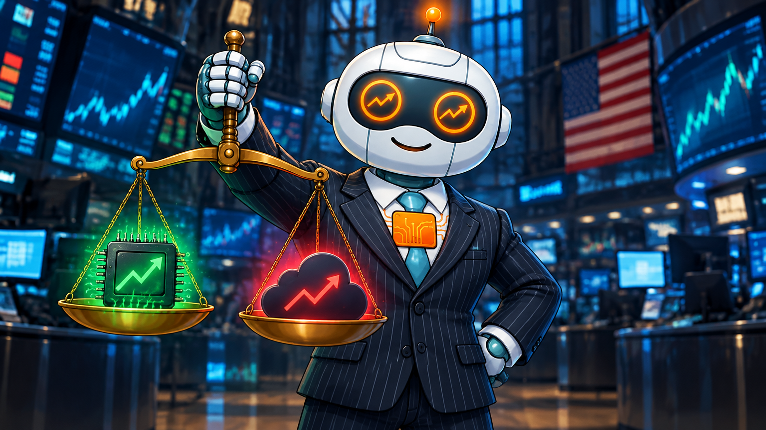Spot in a pinstriped suit holding a balance scale between chip ETFs and software ETFs