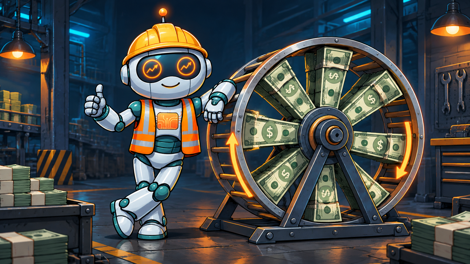 Spot in a hard hat next to a hamster wheel made of covered calls and dollar bills