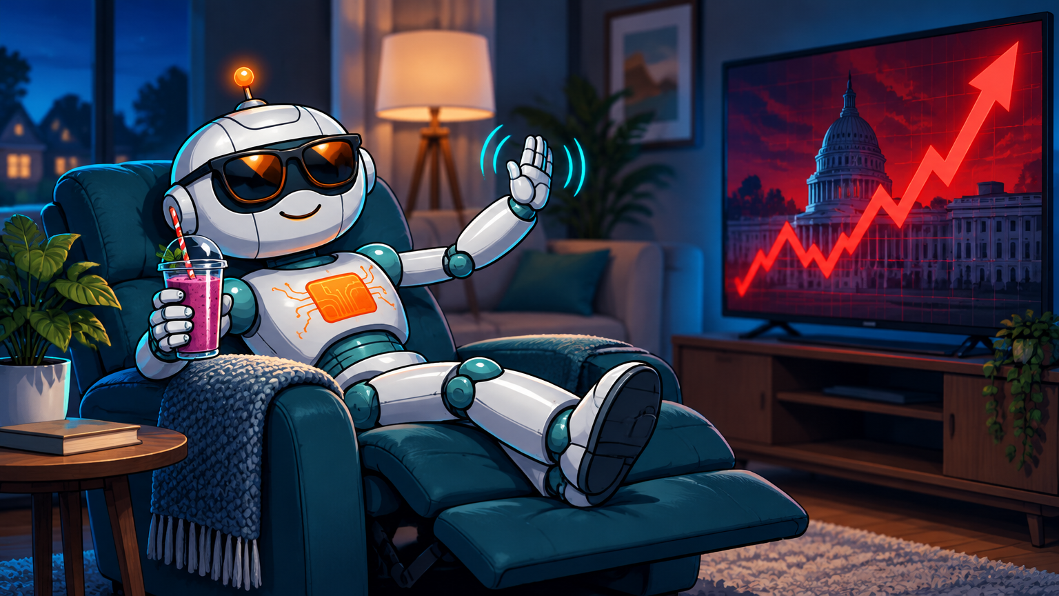 Spot relaxing in a recliner, waving off rate hike news with a smoothie in hand