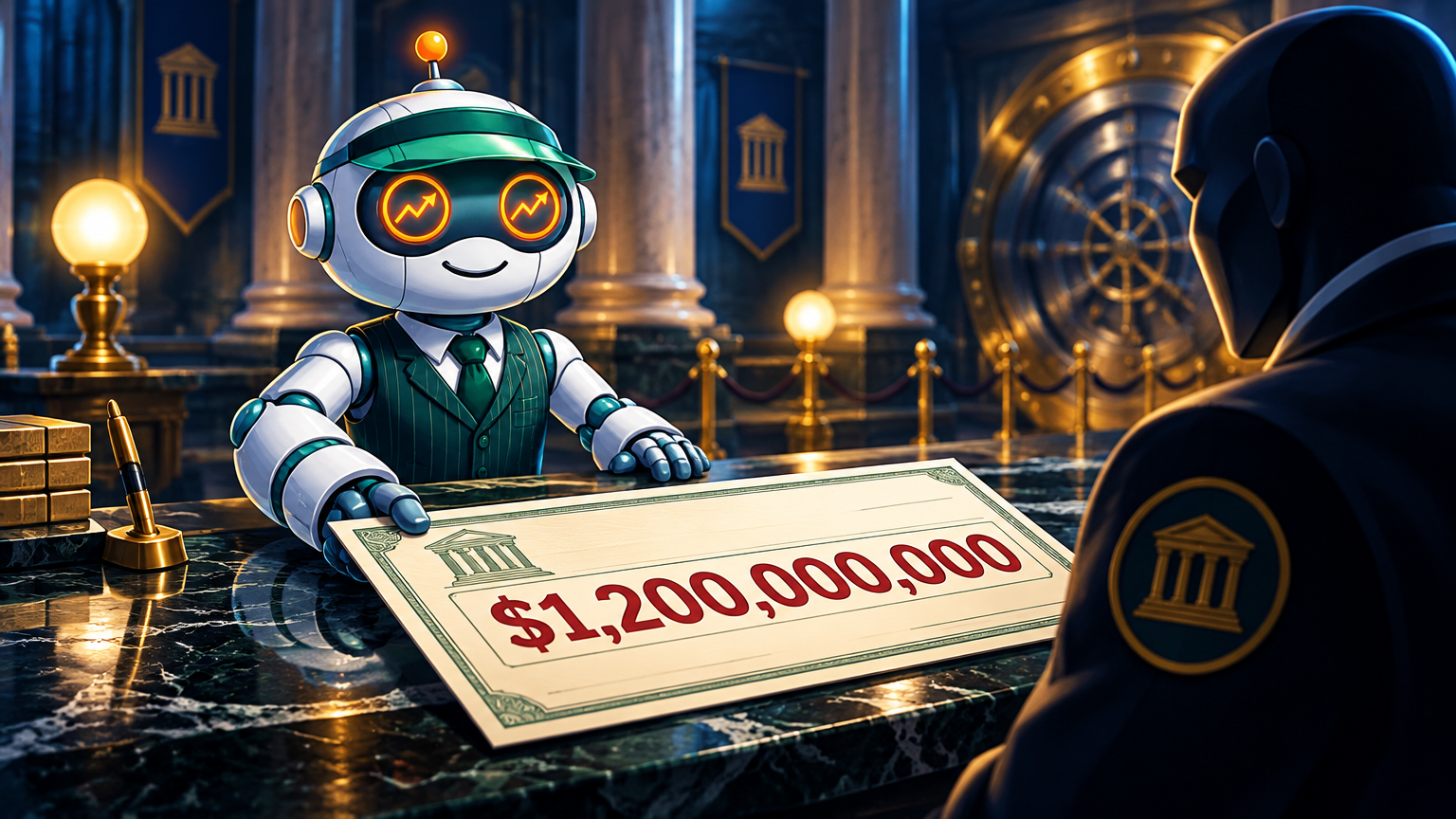 Spot as a bank teller handing over a giant $1.2 billion check to a Treasury official