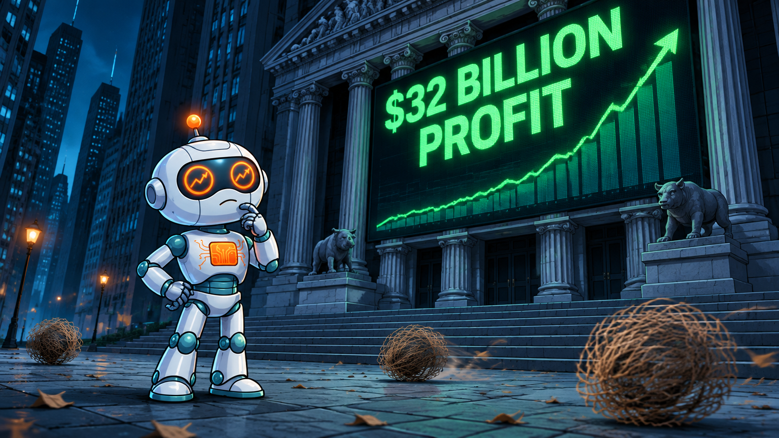 Spot standing in front of a $32 billion profit scoreboard while a silent, unimpressed crowd walks past