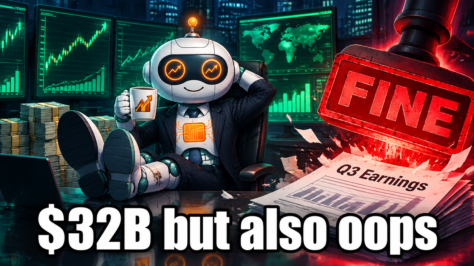 Spot at a trading desk celebrating profits while a massive fine stamp crashes down