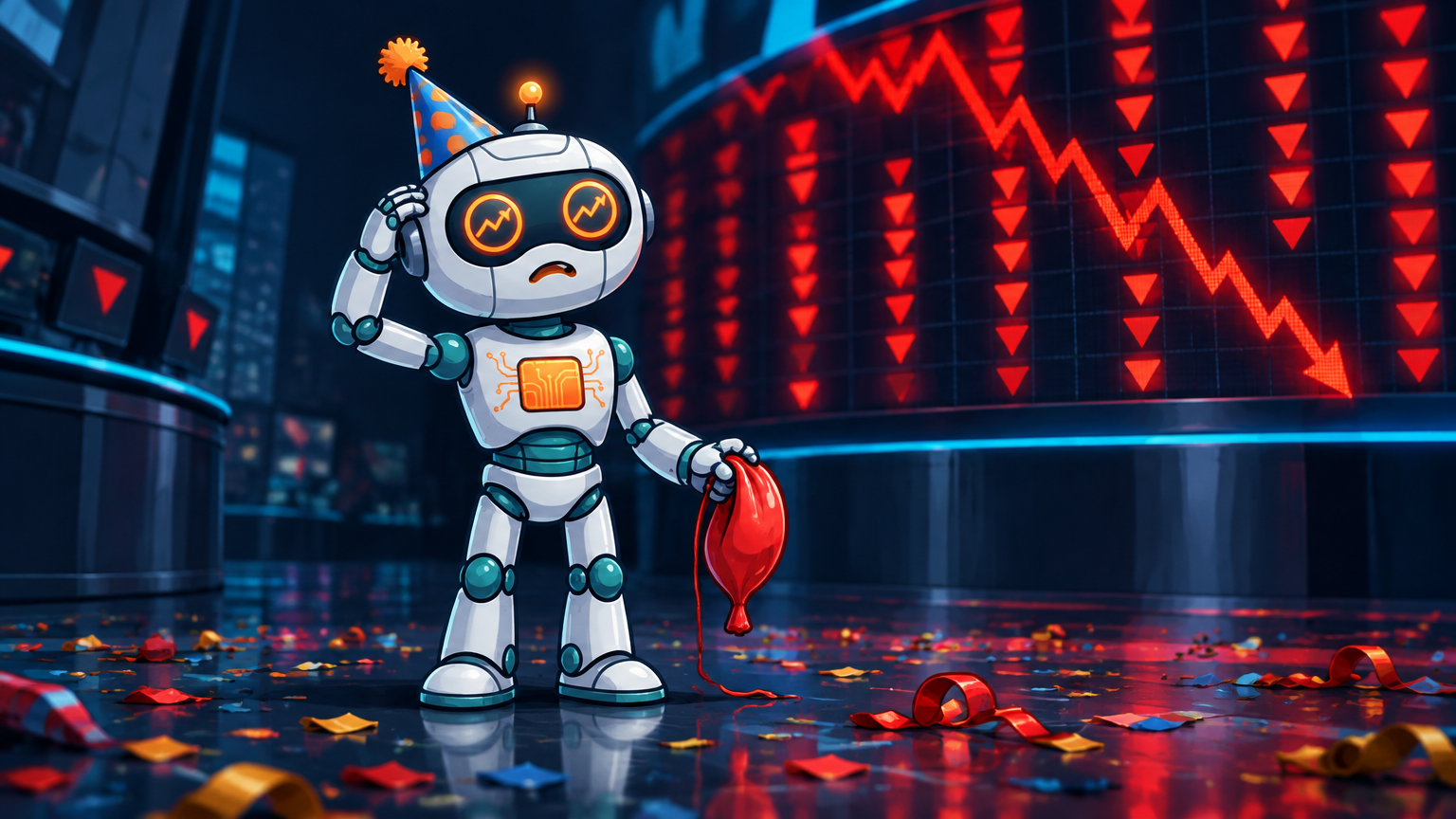Spot at a Nasdaq board in a party hat with a deflated balloon as red numbers fall