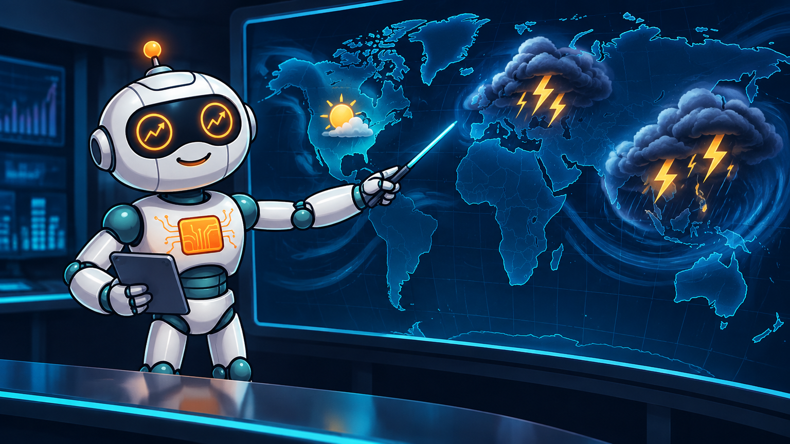 Spot as a weather forecaster pointing at a global storm map with AI selloff icons