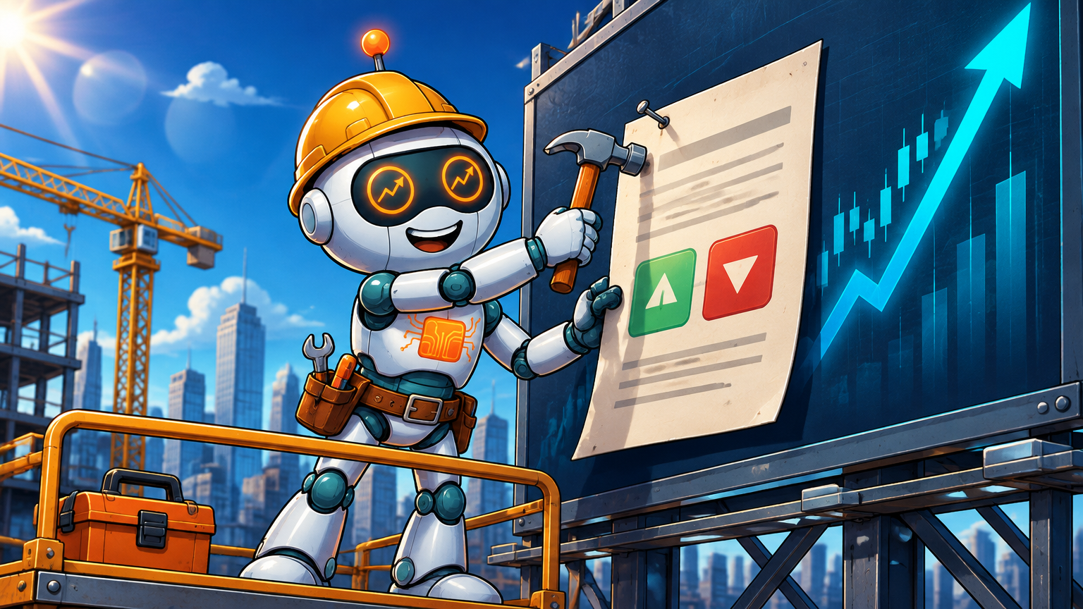 Spot in a hard hat attaching an options contract to a giant SPY billboard