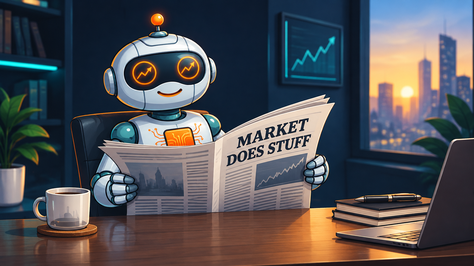 Spot calmly reading a newspaper at his desk, unbothered by markets