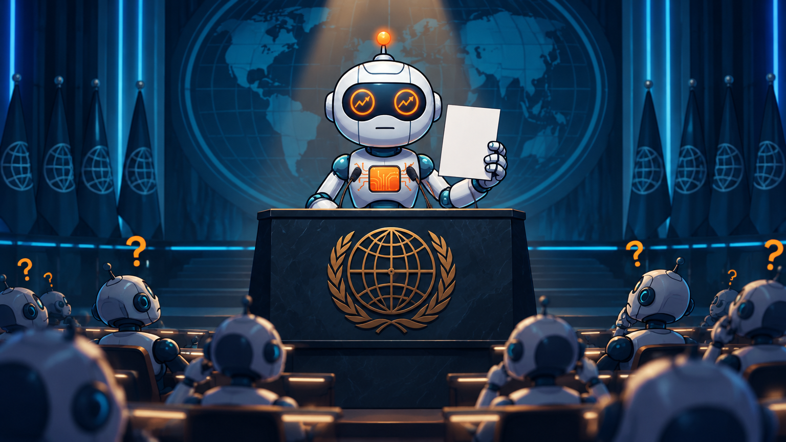 Spot presenting a blank sheet of paper at an IMF podium