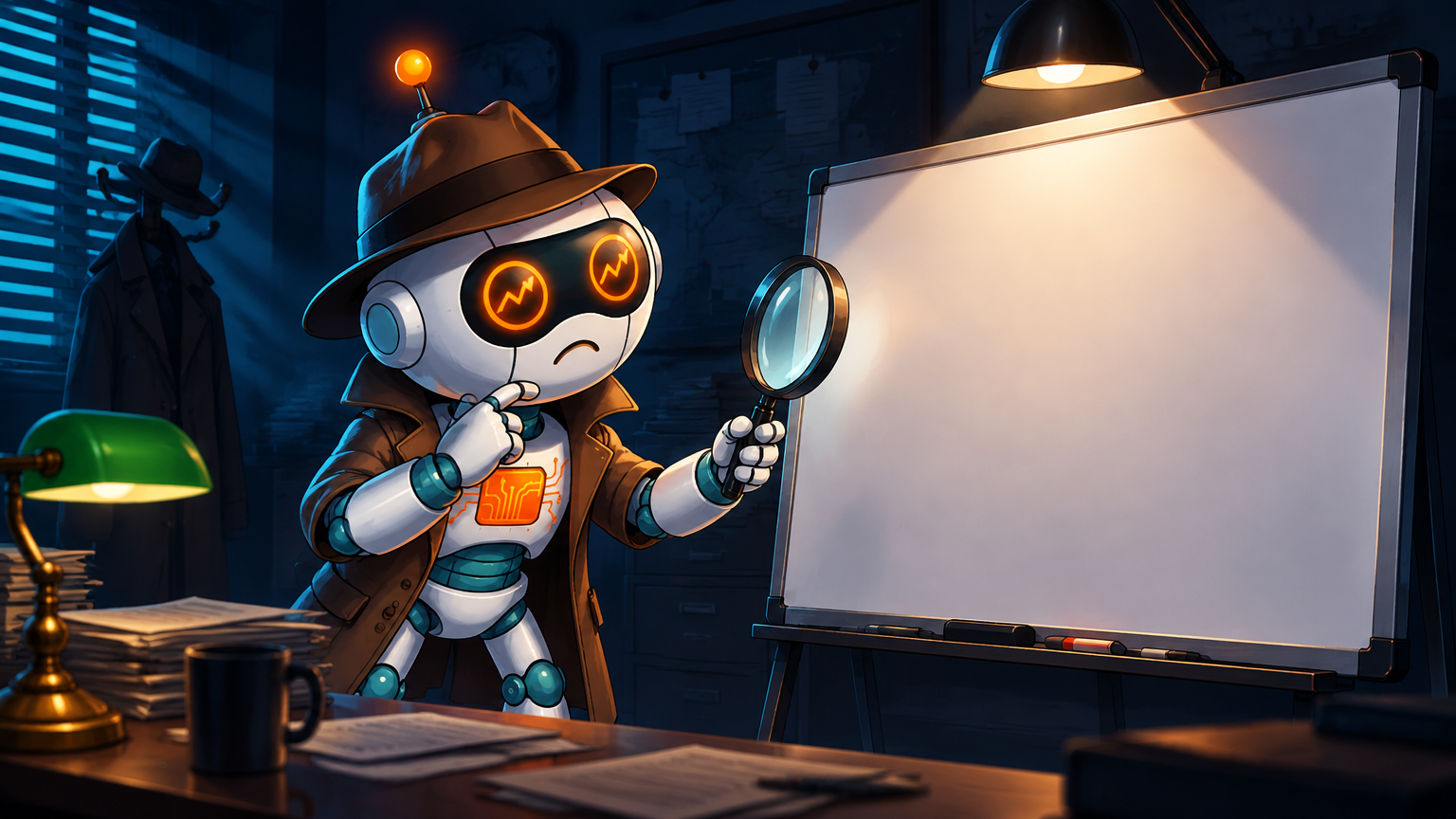 Spot as a detective studying a blank Fed whiteboard