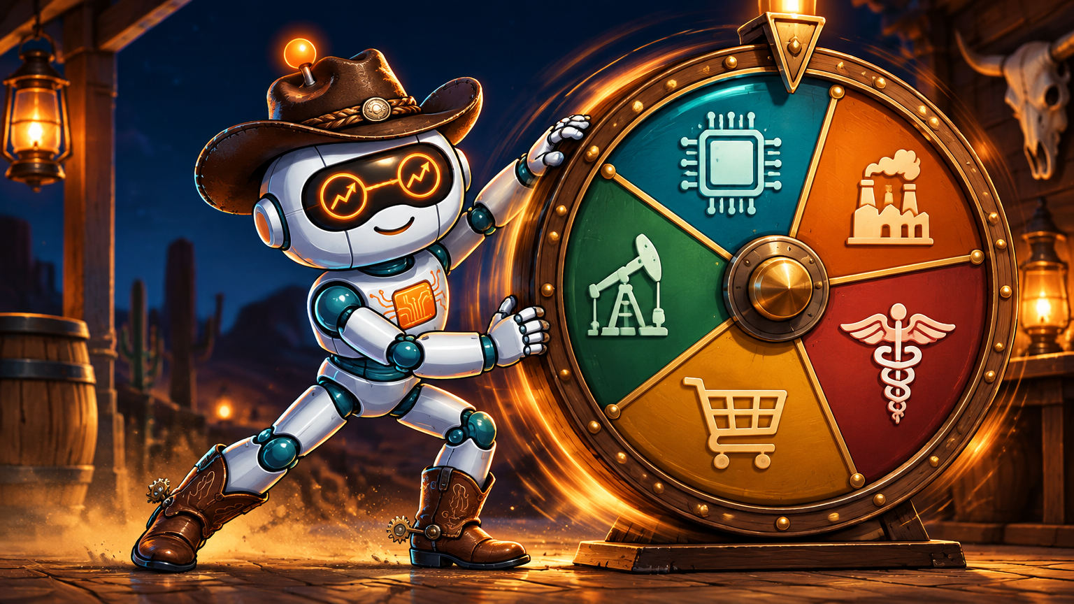 Spot in a cowboy hat spinning a sector rotation wheel of fortune
