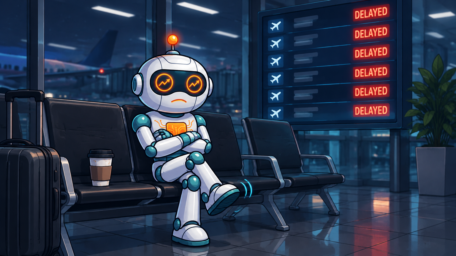 Spot waiting nervously in an airport with a delayed flight board