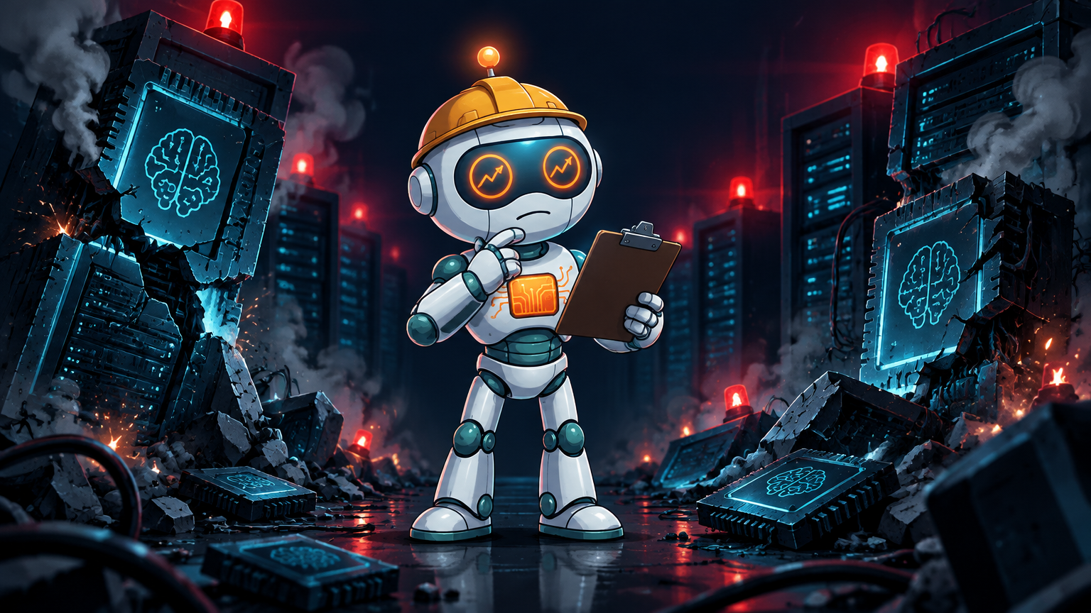 Spot in a hard hat surveying a crumbling AI data center
