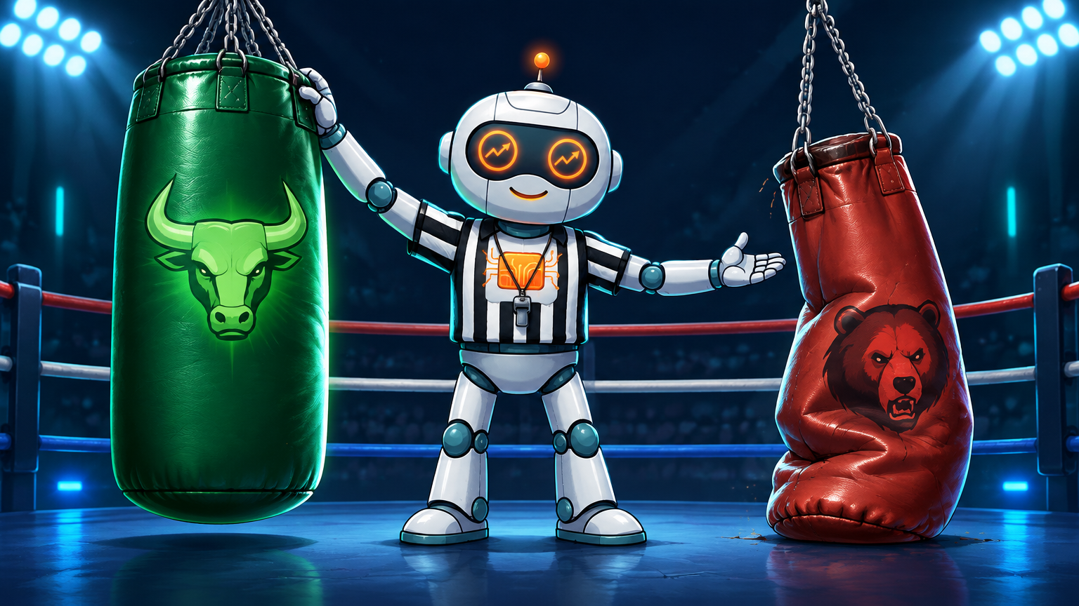 Spot as a boxing referee between AI bulls and AI bears