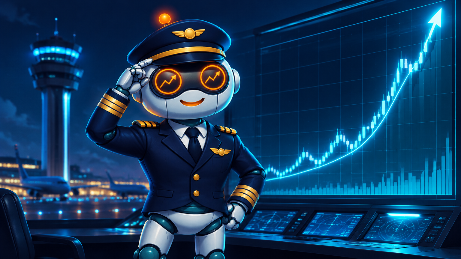 Spot in a pilot uniform standing in front of a TLT chart spike