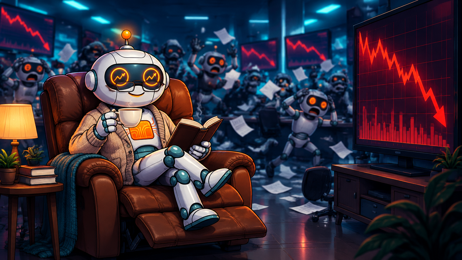 Spot in a cozy cardigan calmly sipping tea while market chaos unfolds on TV behind him