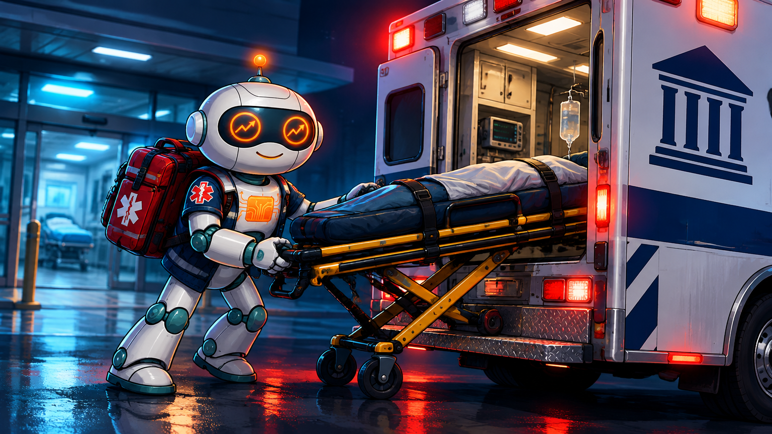 Spot as an EMT loading a CoreWeave stretcher into a Goldman-branded ambulance