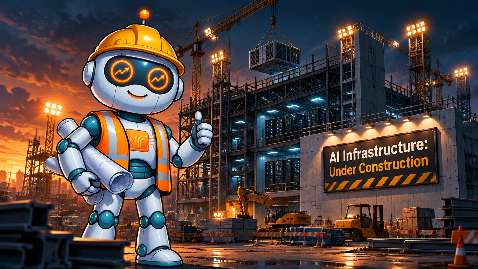 Spot in a hardhat standing in front of a giant AI data center under construction