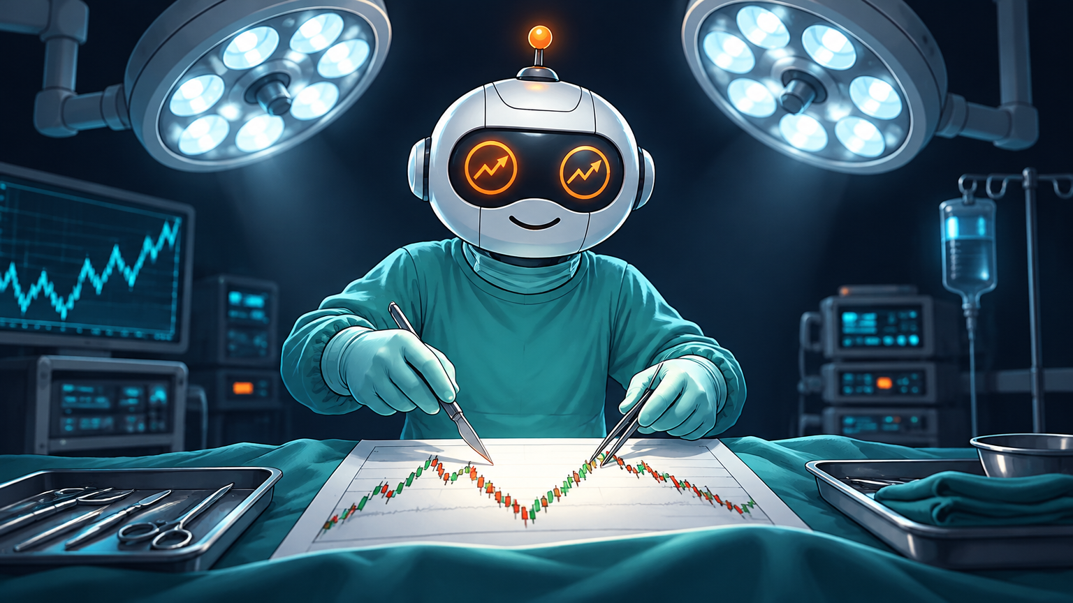 Spot in a surgeon's gown analyzing a volatile AI stock on an operating table