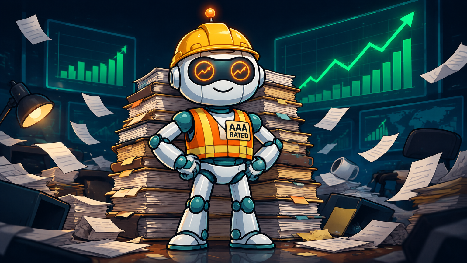 Spot in a hard hat and safety vest next to a stack of AAA-rated loan files