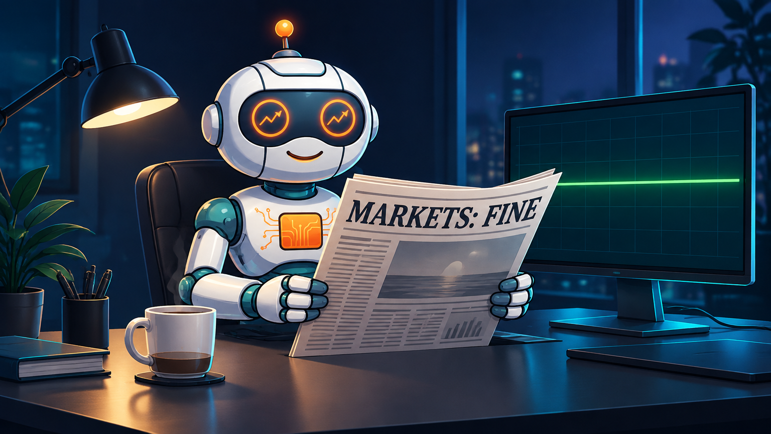 Spot calmly reading a newspaper at his desk with a flat green chart behind him