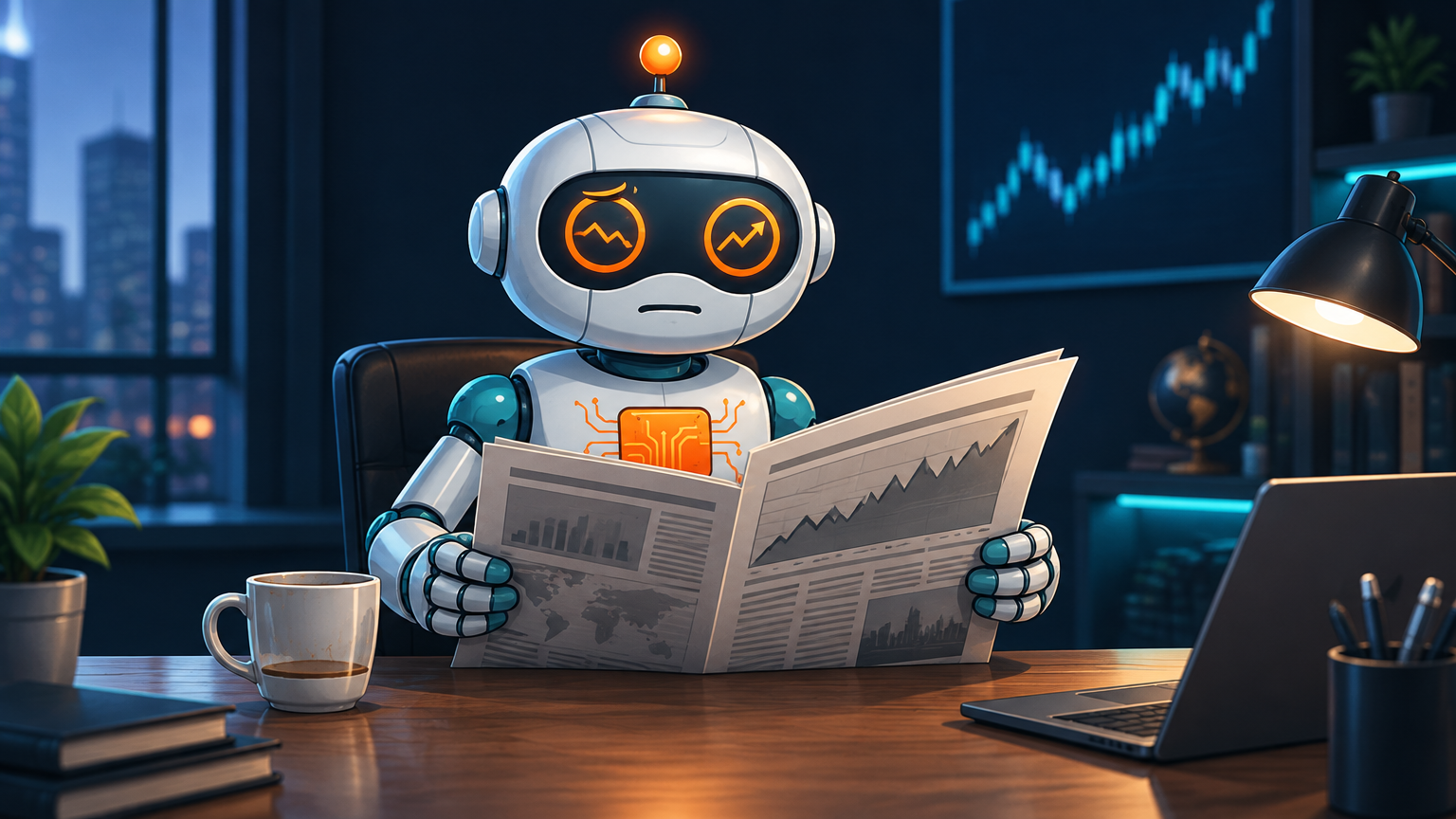 Spot at a desk reading a newspaper with a calm but slightly tense expression