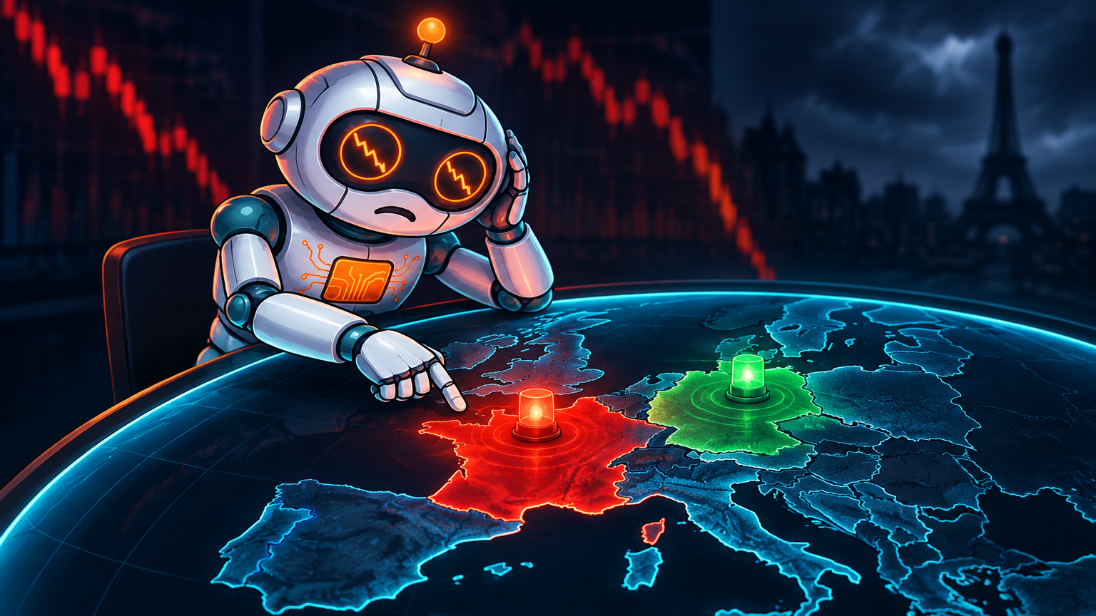 Spot at a globe table pointing at France while a crisis light flashes over it