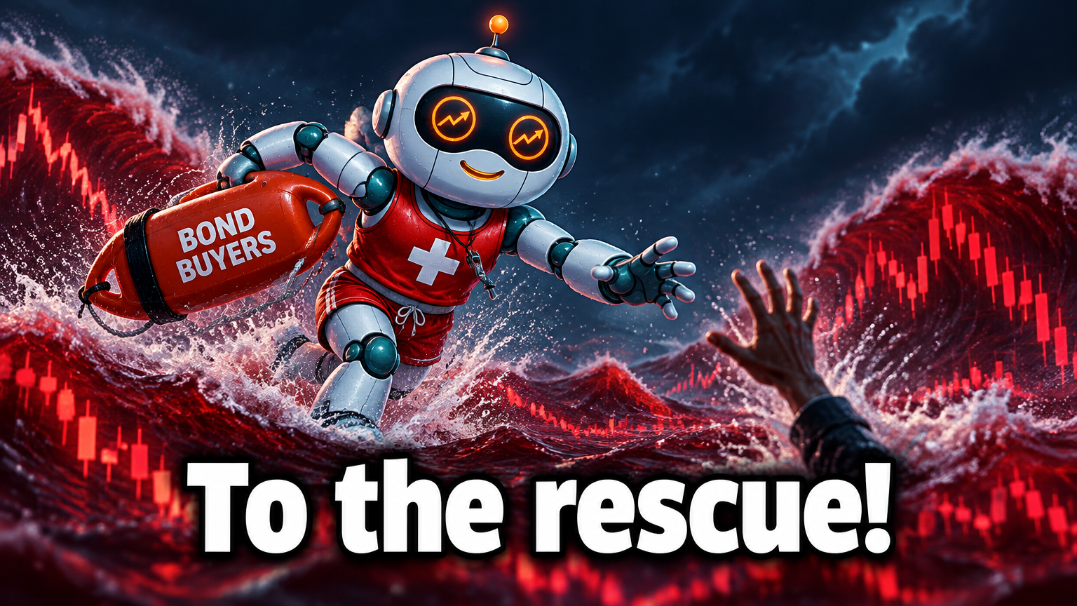 Spot as a lifeguard running toward drowning bond market with a rescue buoy