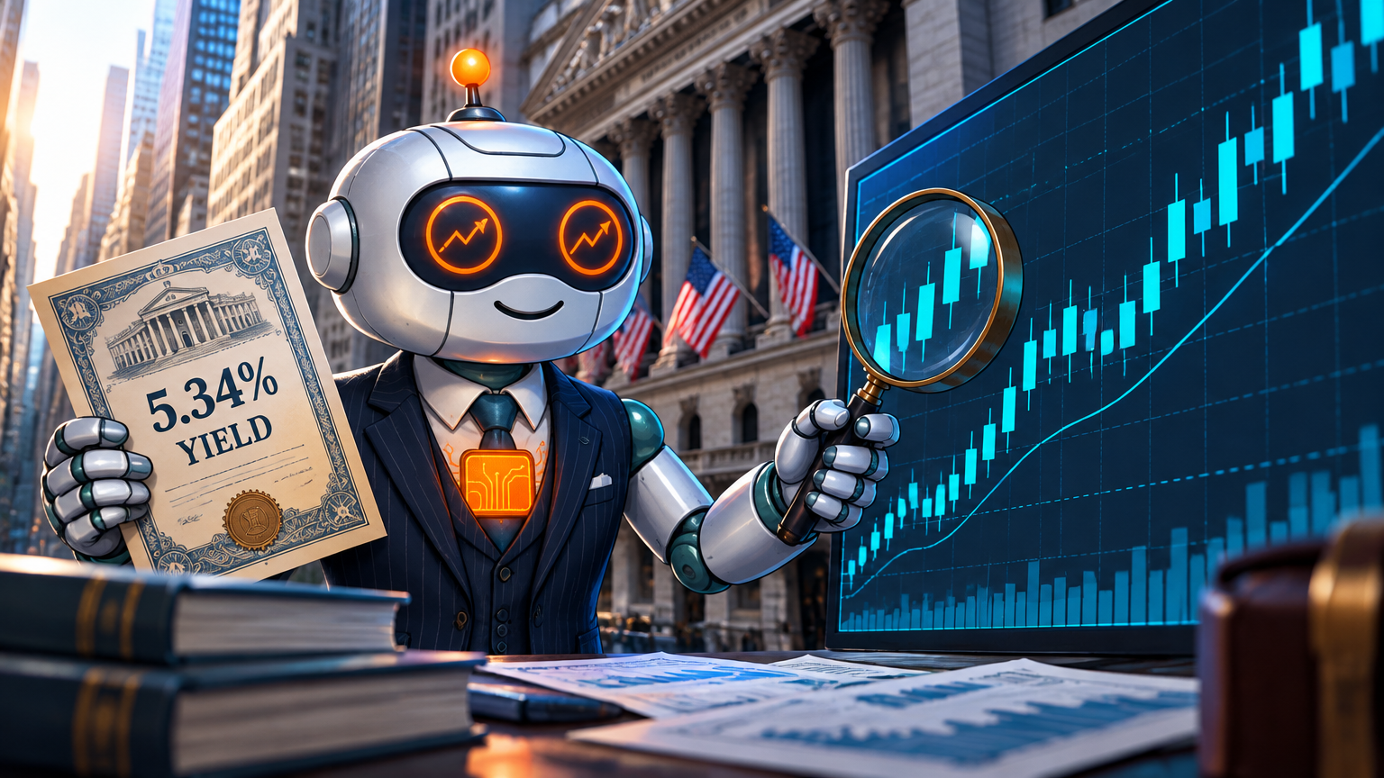Spot in a banker suit studying TLT and holding a 5.34% yield bond certificate